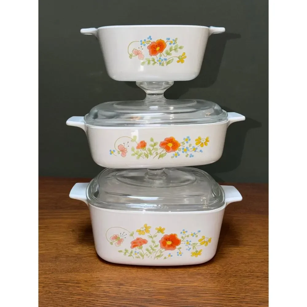 Vintage CorningWare Wildflower Casserole Set 1QT A-1-B, 1.5QT A-1.5-B, P-43-B